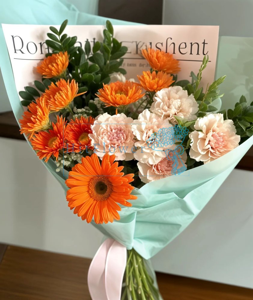 Букет цветов Оранжевое Сияние Букет цветов из: Герберы, Астры и Гвоздики